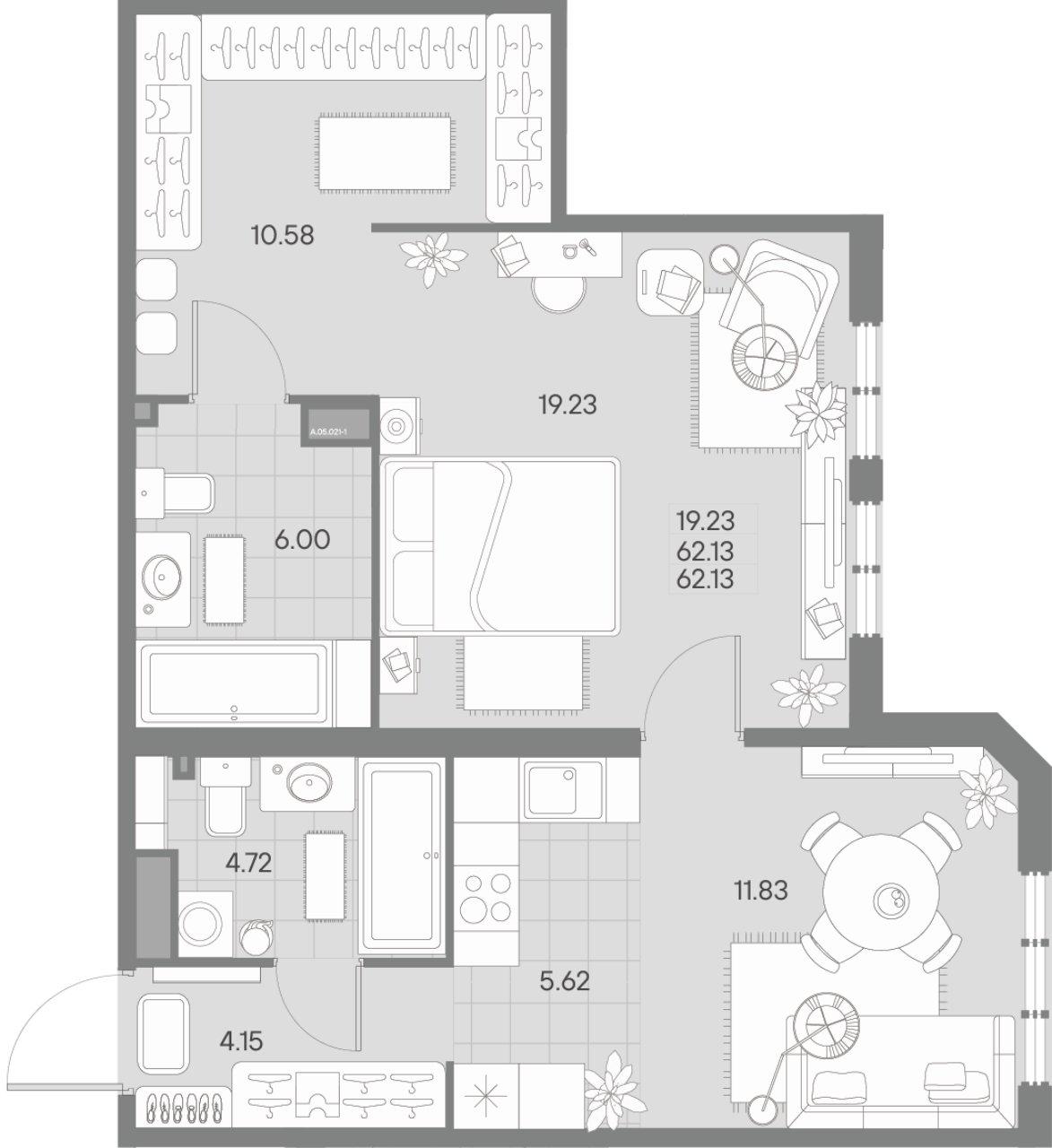 2-комнатная (Евро) квартира, 62.13 м² в ЖК "Amo" - планировка, фото №1