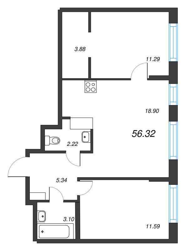 3-комнатная (Евро) квартира, 56.32 м² - планировка, фото №1