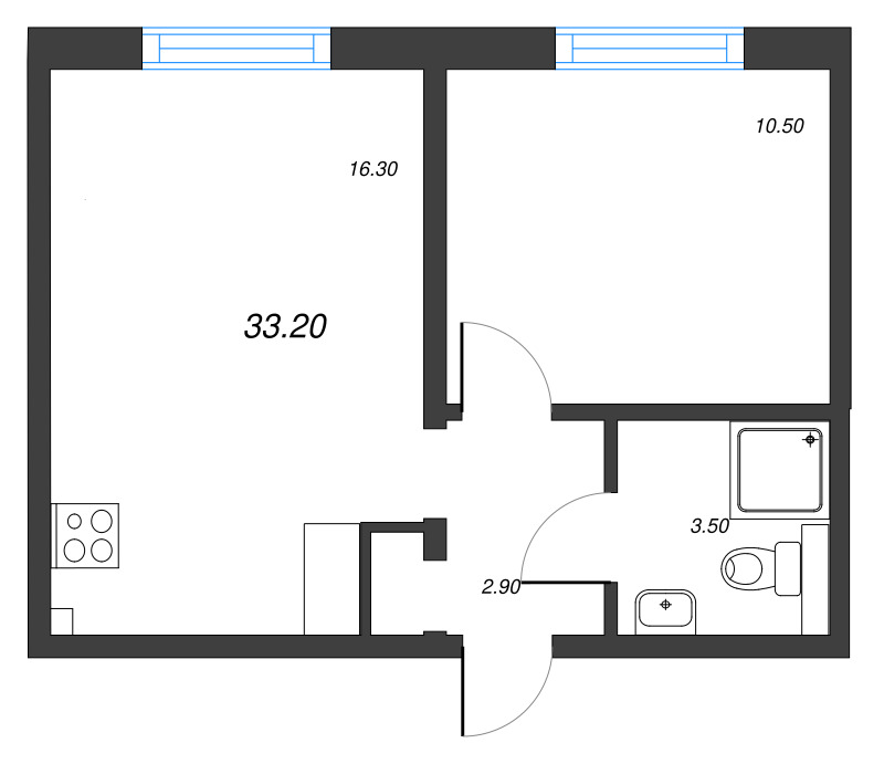 2-комнатная (Евро) квартира, 33.2 м² в ЖК "Пейзажный квартал" - планировка, фото №1