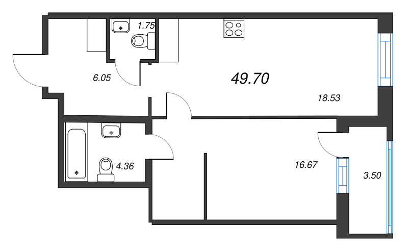 2-комнатная (Евро) квартира, 49.2 м² - планировка, фото №1