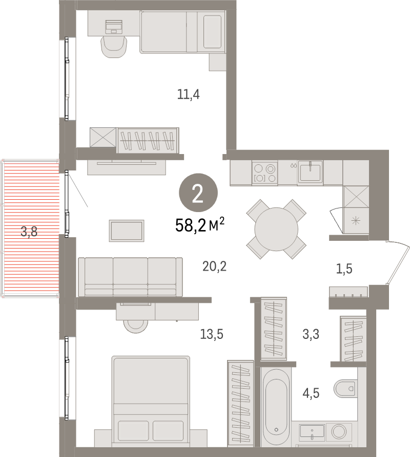 3-комнатная (Евро) квартира, 58.2 м² в ЖК "Брусника в Новоселье" - планировка, фото №1
