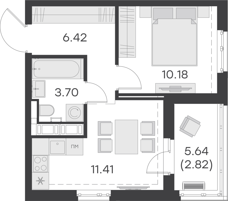 1-комнатная квартира, 34.53 м² - планировка, фото №1