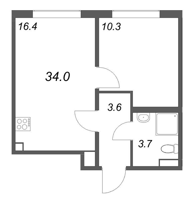2-комнатная (Евро) квартира, 34 м² в ЖК "Пулково Lake" - планировка, фото №1