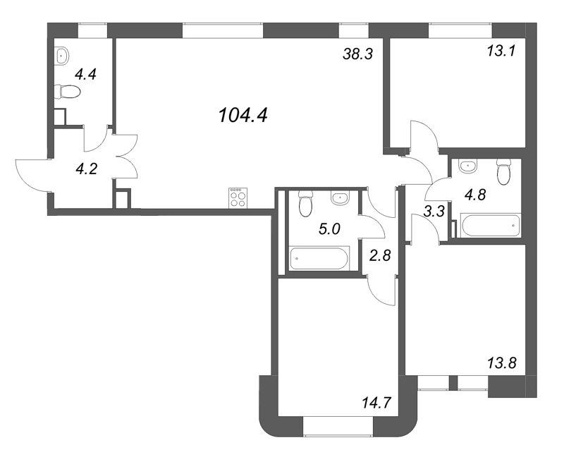 4-комнатная (Евро) квартира, 104.4 м² в ЖК "Коллекционер" - планировка, фото №1