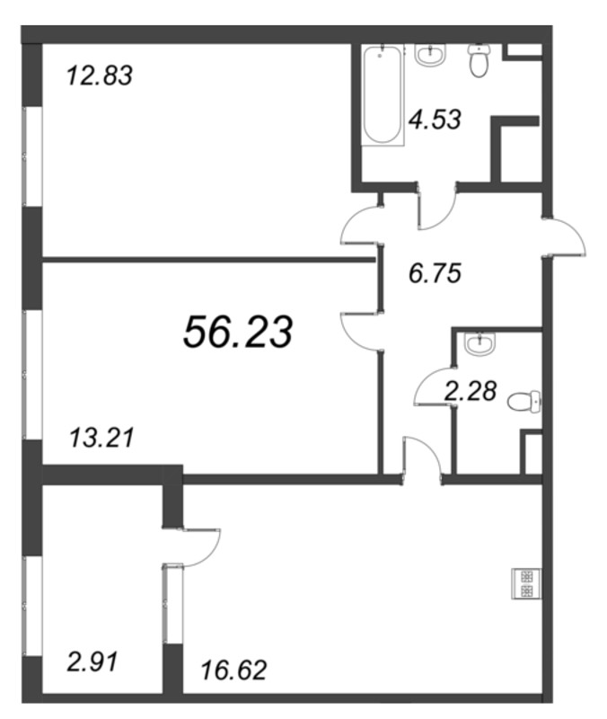 3-комнатная (Евро) квартира, 56.23 м² - планировка, фото №1