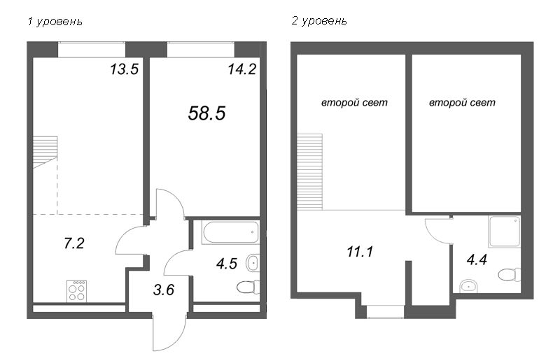 3-комнатная (Евро) квартира, 58.5 м² в ЖК "Пулково Lake" - планировка, фото №1