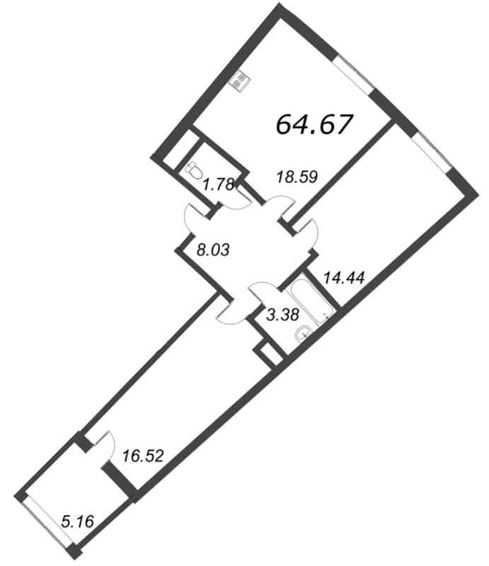 3-комнатная (Евро) квартира, 64.67 м² - планировка, фото №1