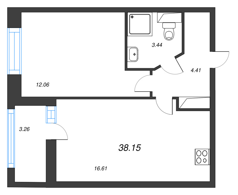 2-комнатная (Евро) квартира, 38.15 м² - планировка, фото №1