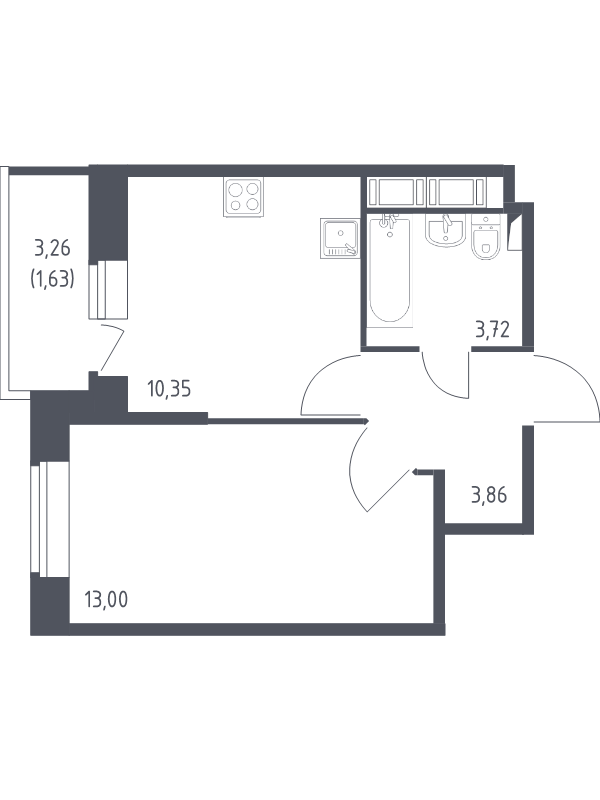 1-комнатная квартира, 32.6 м² - планировка, фото №1
