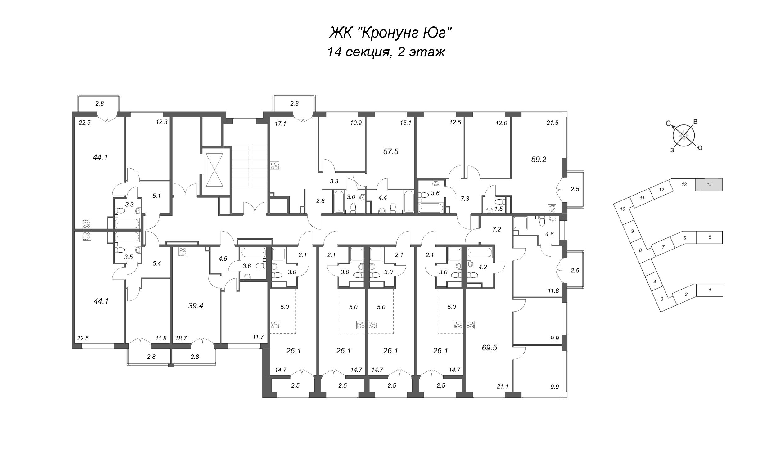 Квартира-студия, 26.1 м² в ЖК "Кронунг ЮГ" - планировка этажа