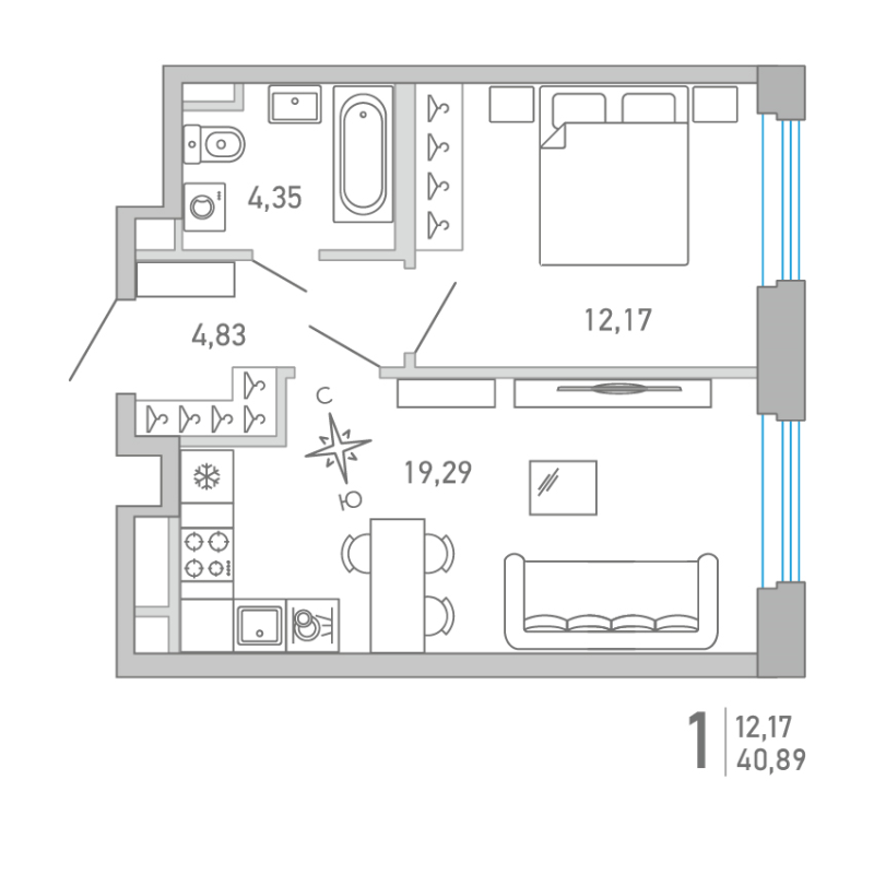 2-комнатная (Евро) квартира, 40.89 м² в ЖК "Министр" - планировка, фото №1