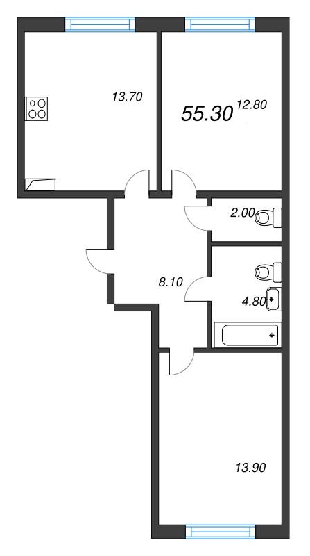 2-комнатная квартира, 55.3 м² в ЖК "Монография" - планировка, фото №1