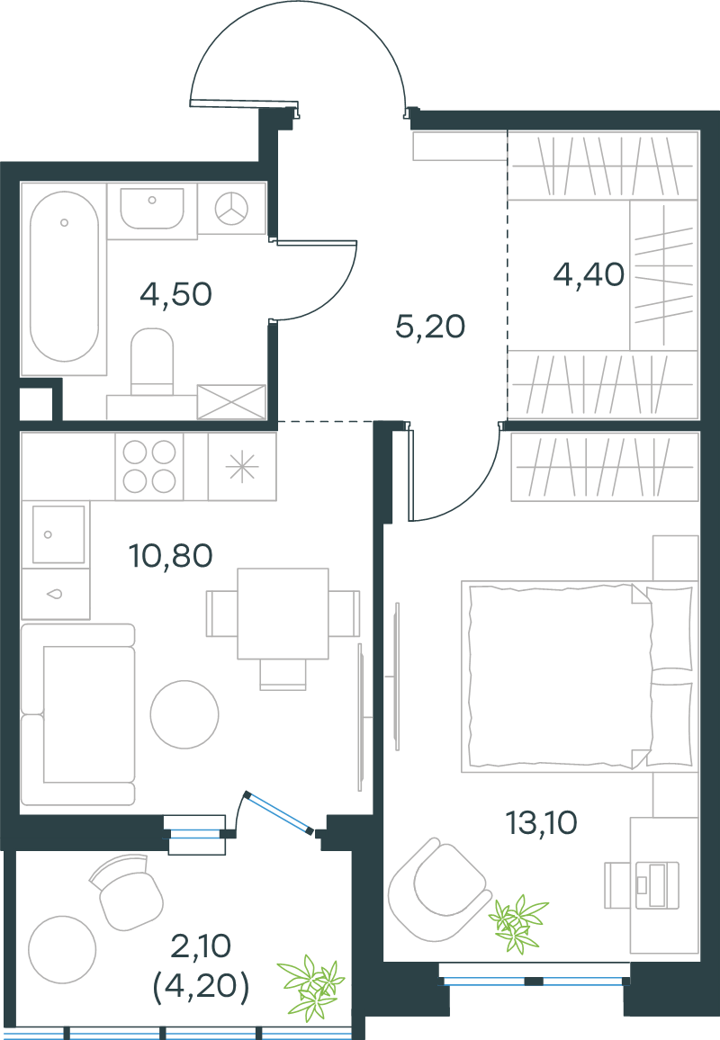 1-комнатная квартира, 40.1 м² в ЖК "Левел Мечникова" - планировка, фото №1