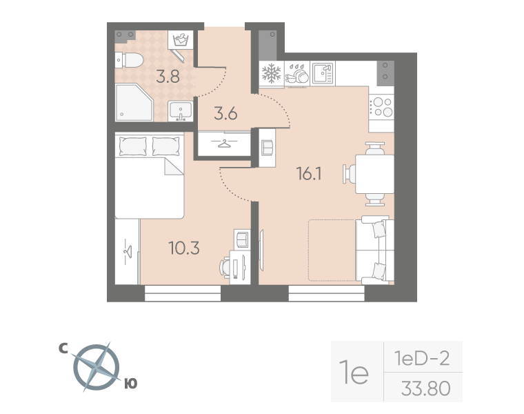 1-комнатная квартира, 33.8 м² в ЖК "Пулково Lake" - планировка, фото №1