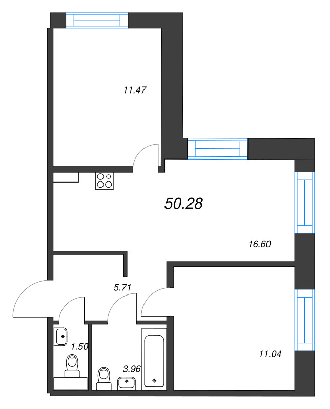 3-комнатная (Евро) квартира, 50.28 м² в ЖК "Alpen" - планировка, фото №1