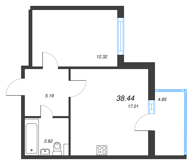 2-комнатная (Евро) квартира, 38.44 м² в ЖК "Любоград" - планировка, фото №1