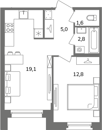 2-комнатная (Евро) квартира, 40.8 м² в ЖК "Антверпен" - планировка, фото №1