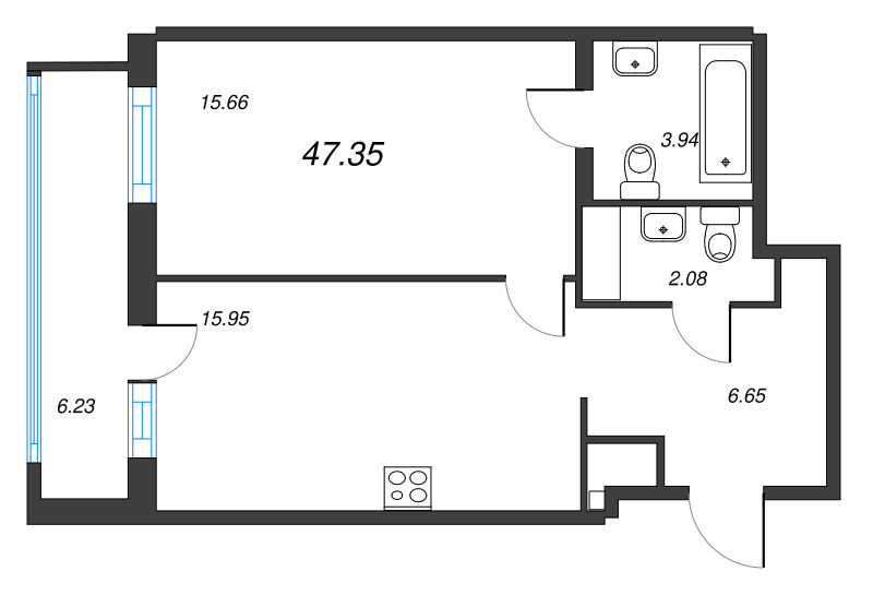 2-комнатная (Евро) квартира, 47.35 м² - планировка, фото №1