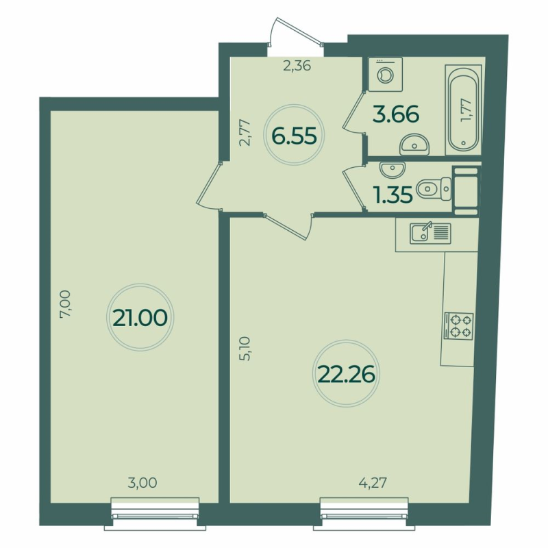 2-комнатная (Евро) квартира, 54.82 м² в ЖК "Дуалист" - планировка, фото №1