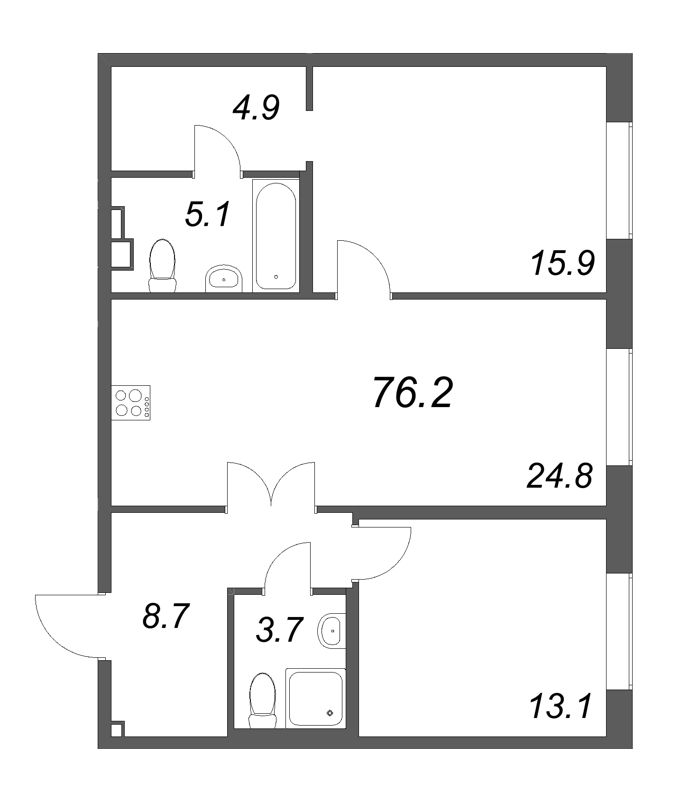 3-комнатная (Евро) квартира, 76.2 м² в ЖК "Визионер" - планировка, фото №1