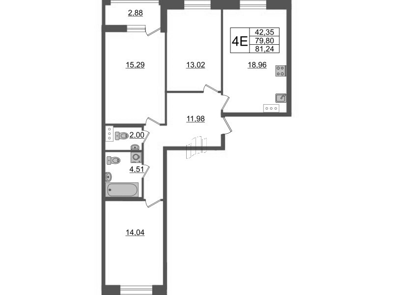 4-комнатная (Евро) квартира, 81.24 м² - планировка, фото №1