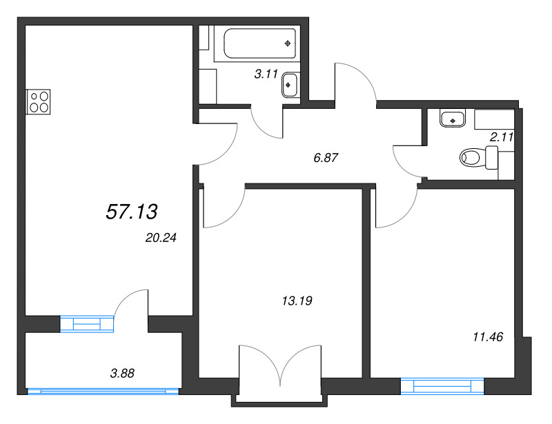 3-комнатная (Евро) квартира, 57.13 м² в ЖК "Любоград" - планировка, фото №1