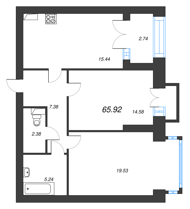3-комнатная (Евро) квартира, 69.7 м² в ЖК "Наука" - планировка, фото №1