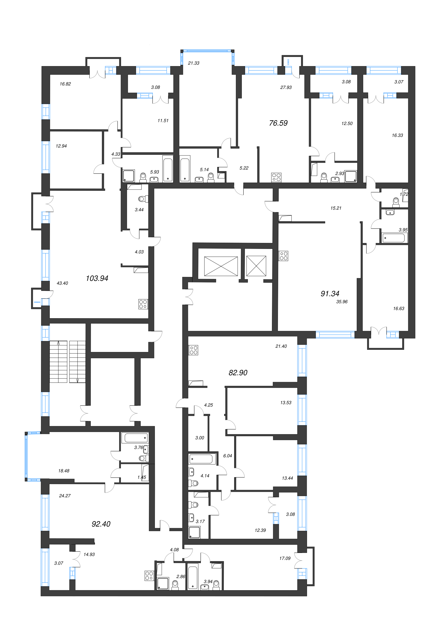 3-комнатная квартира, 92.4 м² в ЖК "Наука" - планировка этажа