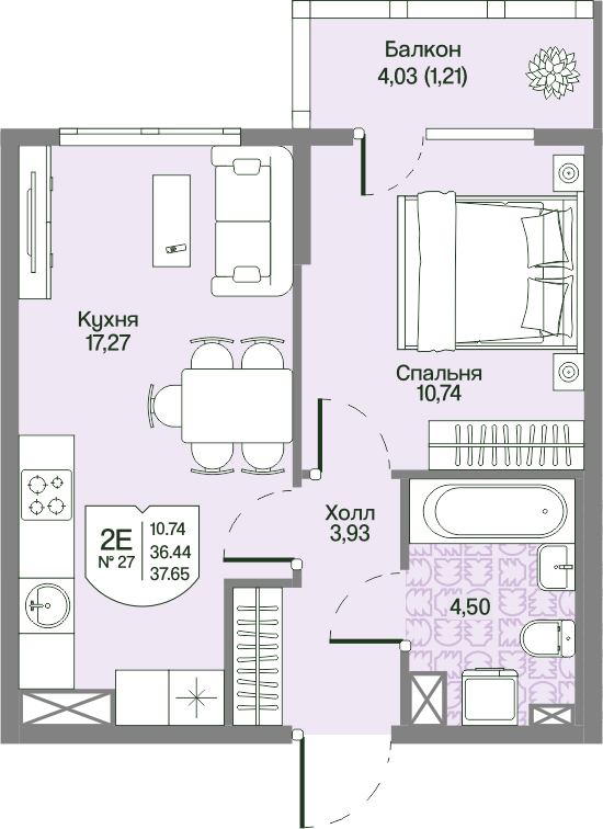 2-комнатная (Евро) квартира, 37.65 м² в ЖК "Охтинские высоты" - планировка, фото №1