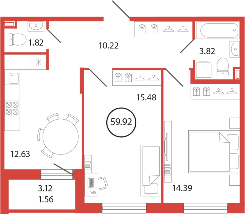 2-комнатная квартира, 59.92 м² в ЖК "Энфилд" - планировка, фото №1