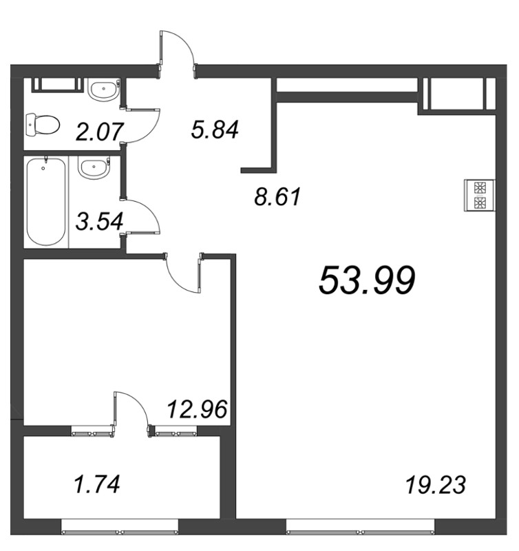 2-комнатная (Евро) квартира, 53.99 м² - планировка, фото №1