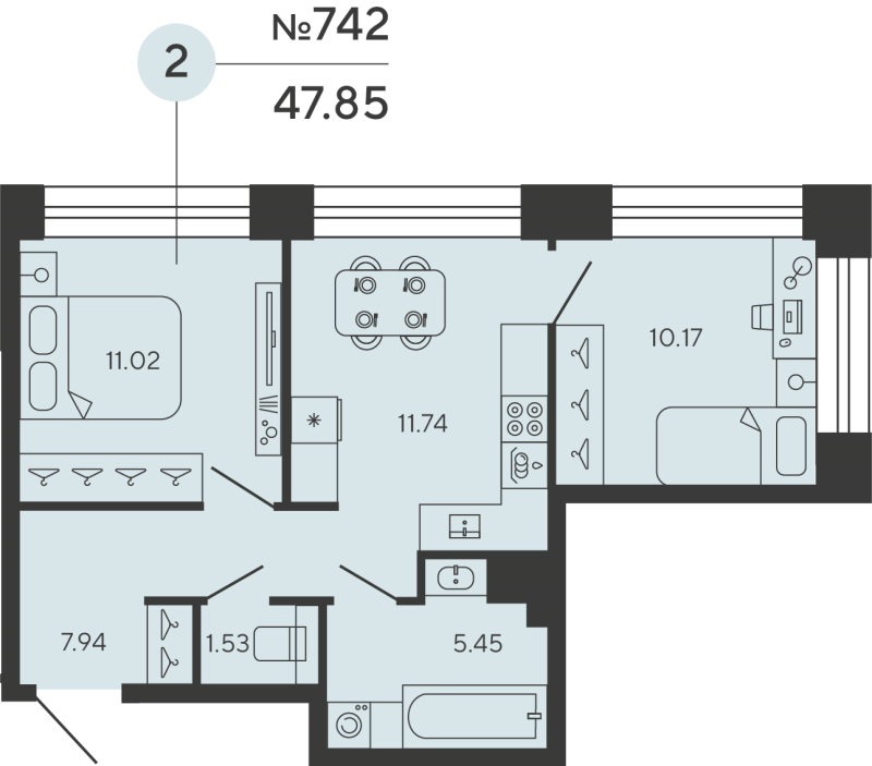 2-комнатная квартира, 47.85 м² - планировка, фото №1