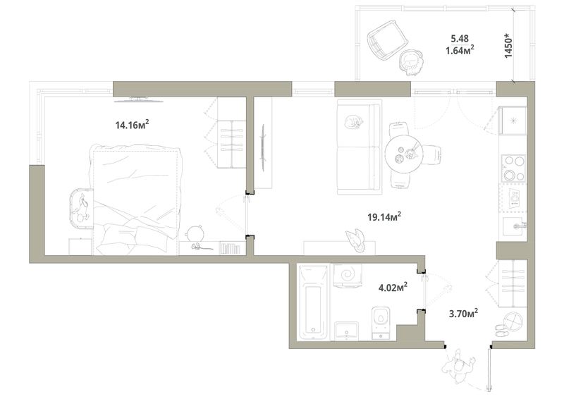 2-комнатная (Евро) квартира, 42.66 м² в ЖК "Тишин" - планировка, фото №1