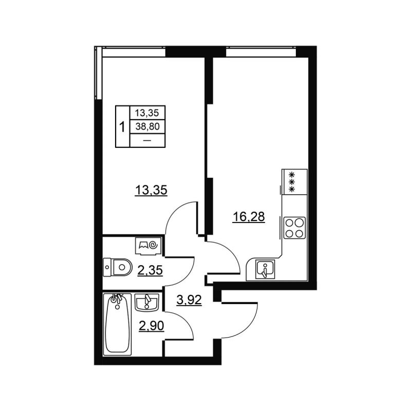 2-комнатная (Евро) квартира, 38.8 м² в ЖК "Высота. Новодевяткино" - планировка, фото №1
