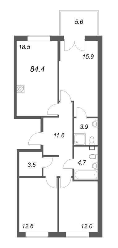 4-комнатная (Евро) квартира, 84.4 м² в ЖК "Пулковский дом" - планировка, фото №1
