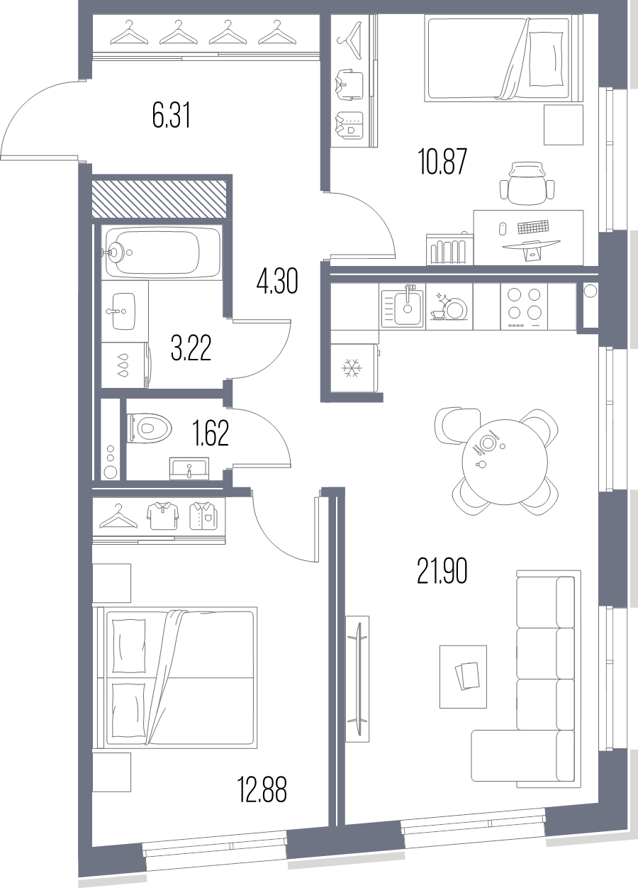3-комнатная (Евро) квартира, 61.1 м² в ЖК "Легенда Васильевского" - планировка, фото №1