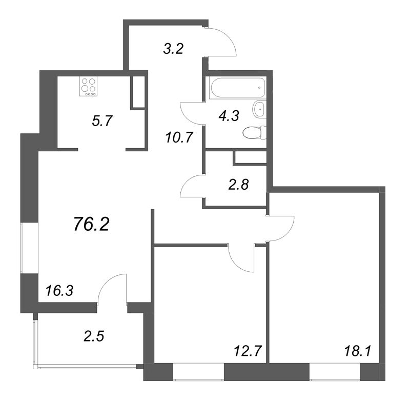 2-комнатная квартира, 76.2 м² - планировка, фото №1