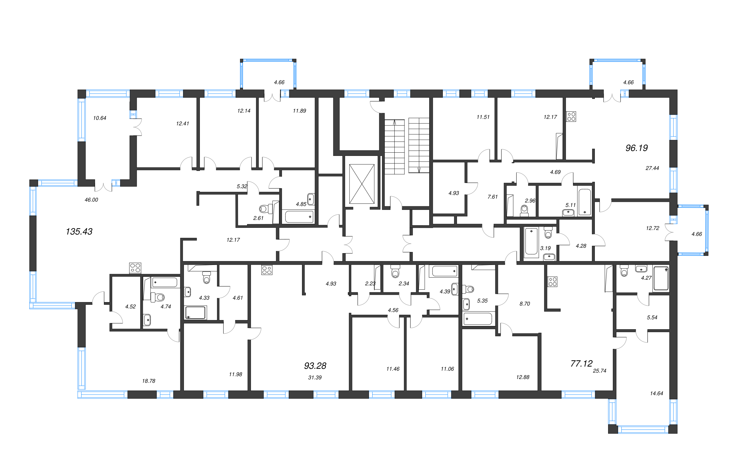 4-комнатная (Евро) квартира, 93.28 м² - планировка этажа