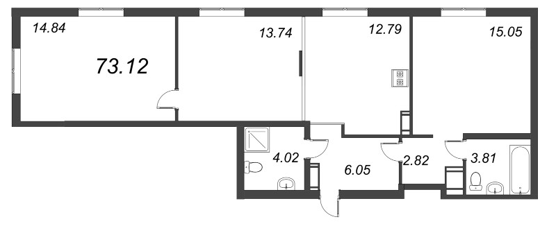 3-комнатная (Евро) квартира, 73.12 м² - планировка, фото №1