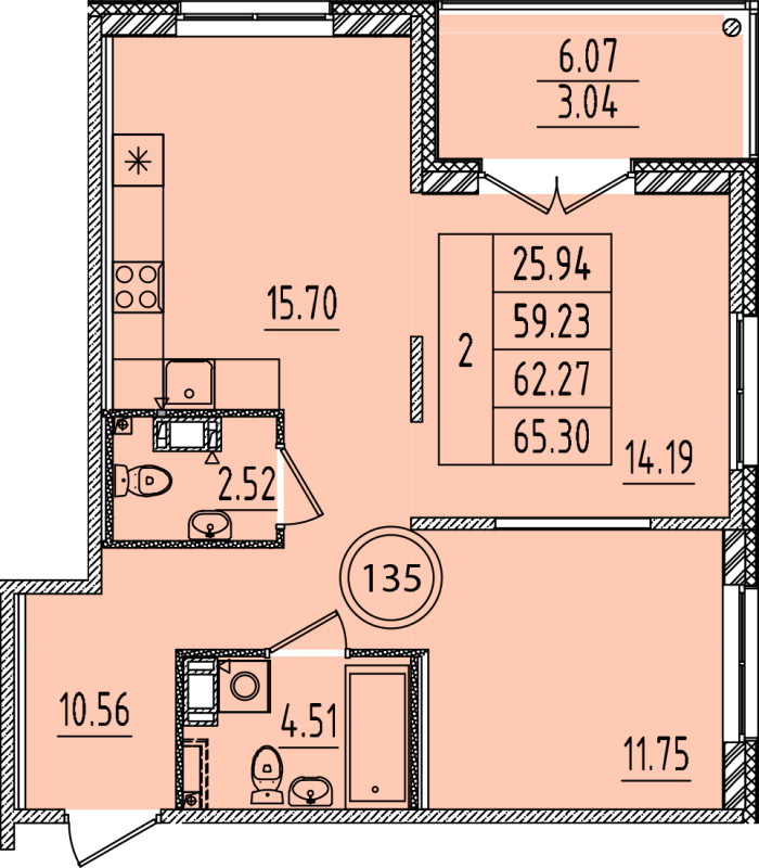 3-комнатная (Евро) квартира, 59.23 м² - планировка, фото №1