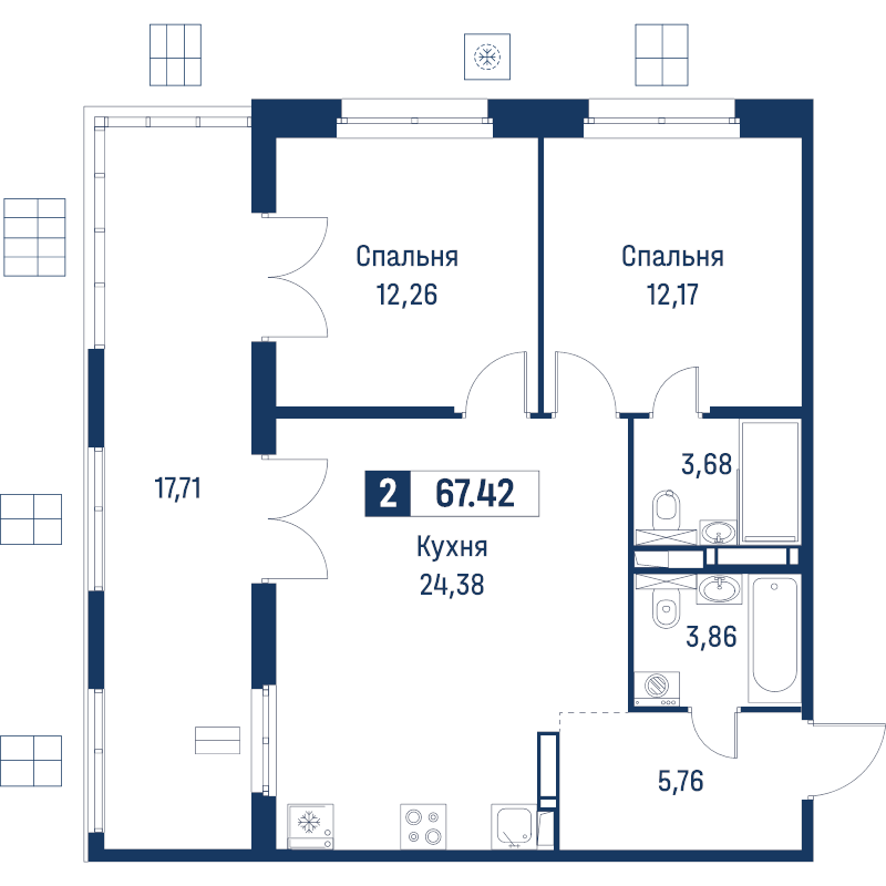 3-комнатная (Евро) квартира, 67.42 м² в ЖК "Символист" - планировка, фото №1