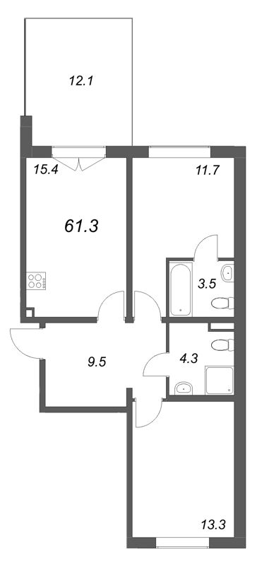 3-комнатная (Евро) квартира, 61.3 м² в ЖК "Пулково Lake" - планировка, фото №1