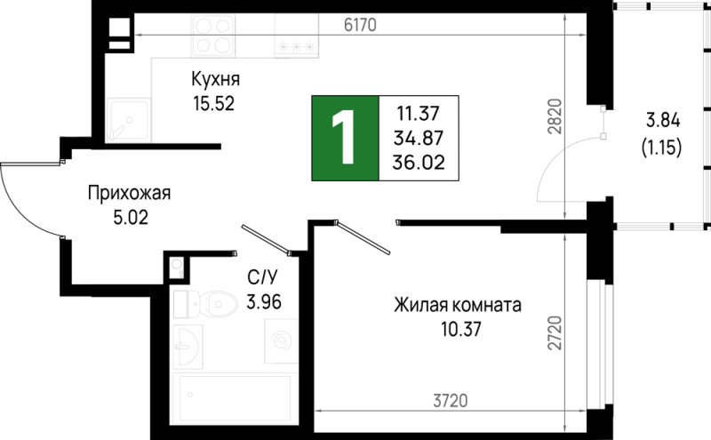 2-комнатная (Евро) квартира, 36.02 м² в ЖК "Имена" - планировка, фото №1