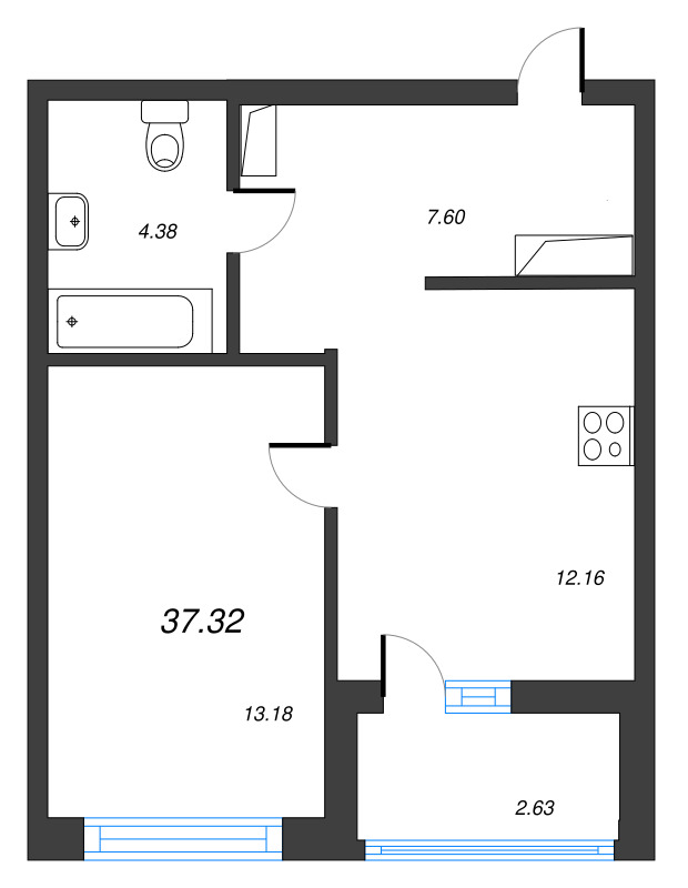 1-комнатная квартира, 37.32 м² - планировка, фото №1