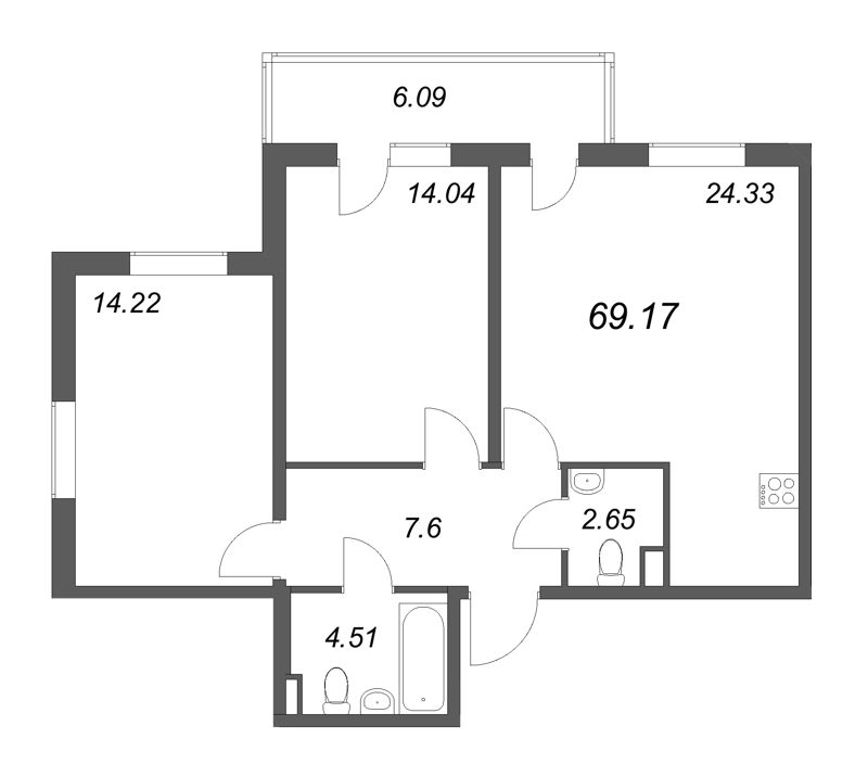 3-комнатная (Евро) квартира, 69.17 м² в ЖК "Новая история" - планировка, фото №1