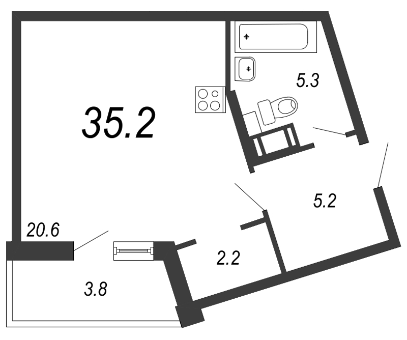 Квартира-студия, 36.1 м² - планировка, фото №1