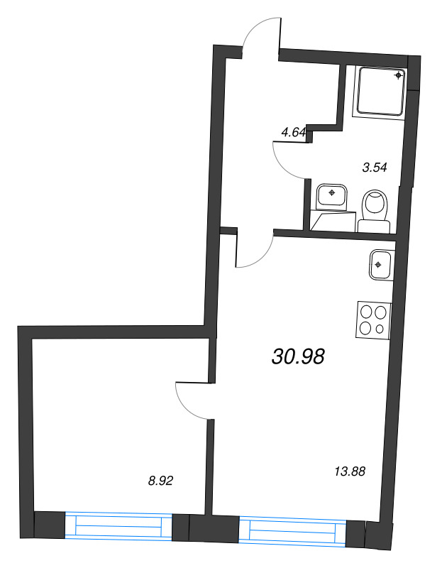1-комнатная квартира, 30.98 м² в ЖК "Аквилон Riva" - планировка, фото №1
