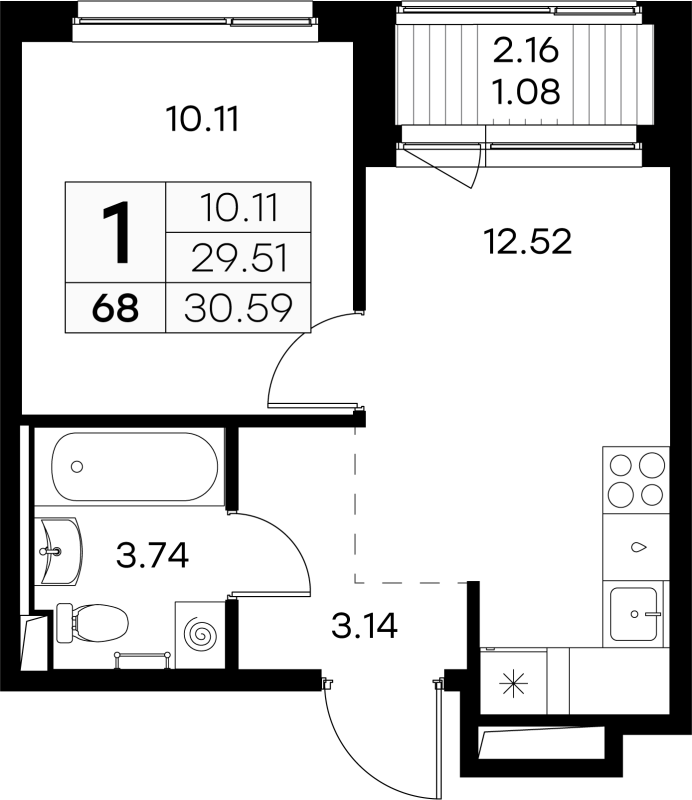 1-комнатная квартира, 30.59 м² в ЖК "GloraX Новоселье" - планировка, фото №1