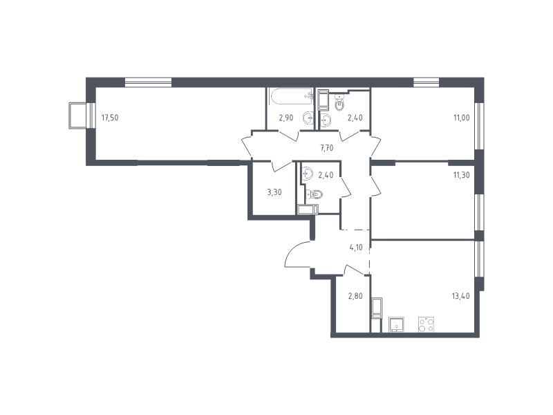 3-комнатная квартира, 77.9 м² - планировка, фото №1
