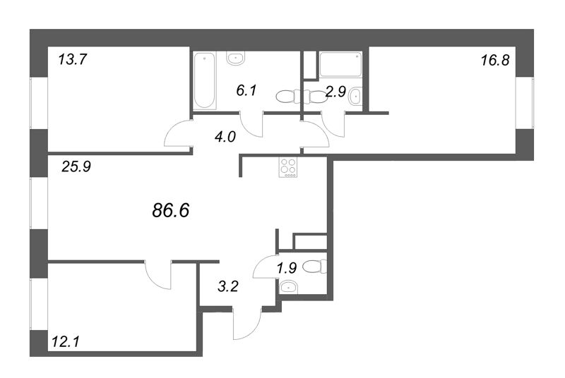 3-комнатная квартира, 86.6 м² - планировка, фото №1